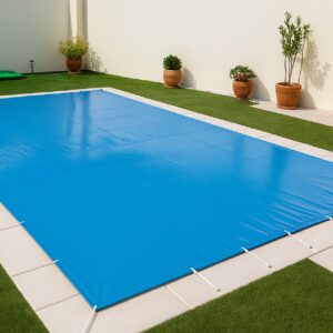 Cubierta de Invierno para piscina de protección de 650gr/m2 de medidas internas de 8,30m x 3,90m +15cm de desborde perimetral ( Medidas totales de la cubierta de 8,60m x 4,20m ) sin formas y sin cajeados de escalera metálica ni pasamanos. 