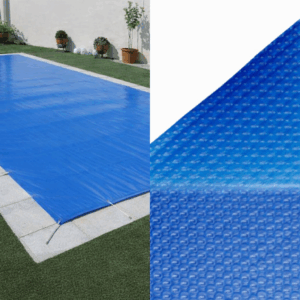 Cubierta de Invierno de protección de 650gr/m2 (Azul/Beige) de medidas: 6,50m x 3,40m + 15cm de margen el todo el contorno (medidas totales de la cubierta: 6,80m x 3,70m) + Cobertor térmico OXO 700 micras PREMIUM de medidas: 6,50m x 3,40m (reforzada solo en un ancho de 3,40m con ojales) + Enrollador Para cubierta térmica Basic (4,00m a 5,50m) + Protector reflectante blanco para manta térmica