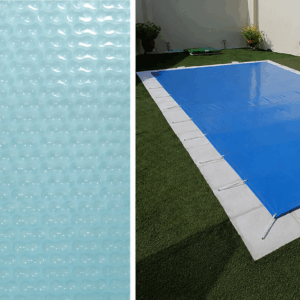 Cobertor de Invierno Color+ 580gr/m2 (Gris/Gris) para piscina de medidas: 7,00m x 3,00m + 15cm de margen el todo el contorno (medidas totales de la cubierta: 7,30m x 3,30m) + Manta térmica Geobubble Sol + Guard 500 micras de medidas: 7,00m x 3,00m (reforzada solo en un ancho de 3,00m con ojales) + Enrollador Para cubierta térmica Basic (4,00m a 5,50m) + Protector reflectante blanco para manta térmica (regalo)