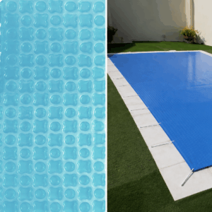 Cobertor térmico OXO PLUS de 800 micras solar/translúcida de medidas: 13,10m x 2,98m (Reforzada en un ancho de 2,98m con ojales)(Rectangular sin formas ni cajeado de escalera metálica y esquinas rectas a 90º) + Protector reflectante blanco para manta térmica (regalo) + Enrollador para piscina Plus (4m – 5,50m) + Cubierta de Invierno de protección de 650gr/m2 (Verde/Beige) de medidas: 13,10m x 2,98m + 15cm de desborde perimetral (medidas totales de la cubierta: 13,40m x 3,28m)